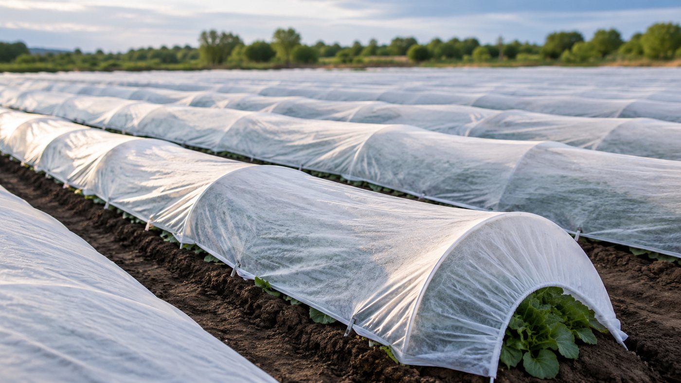 Non-woven crop cover fabric protecting a field